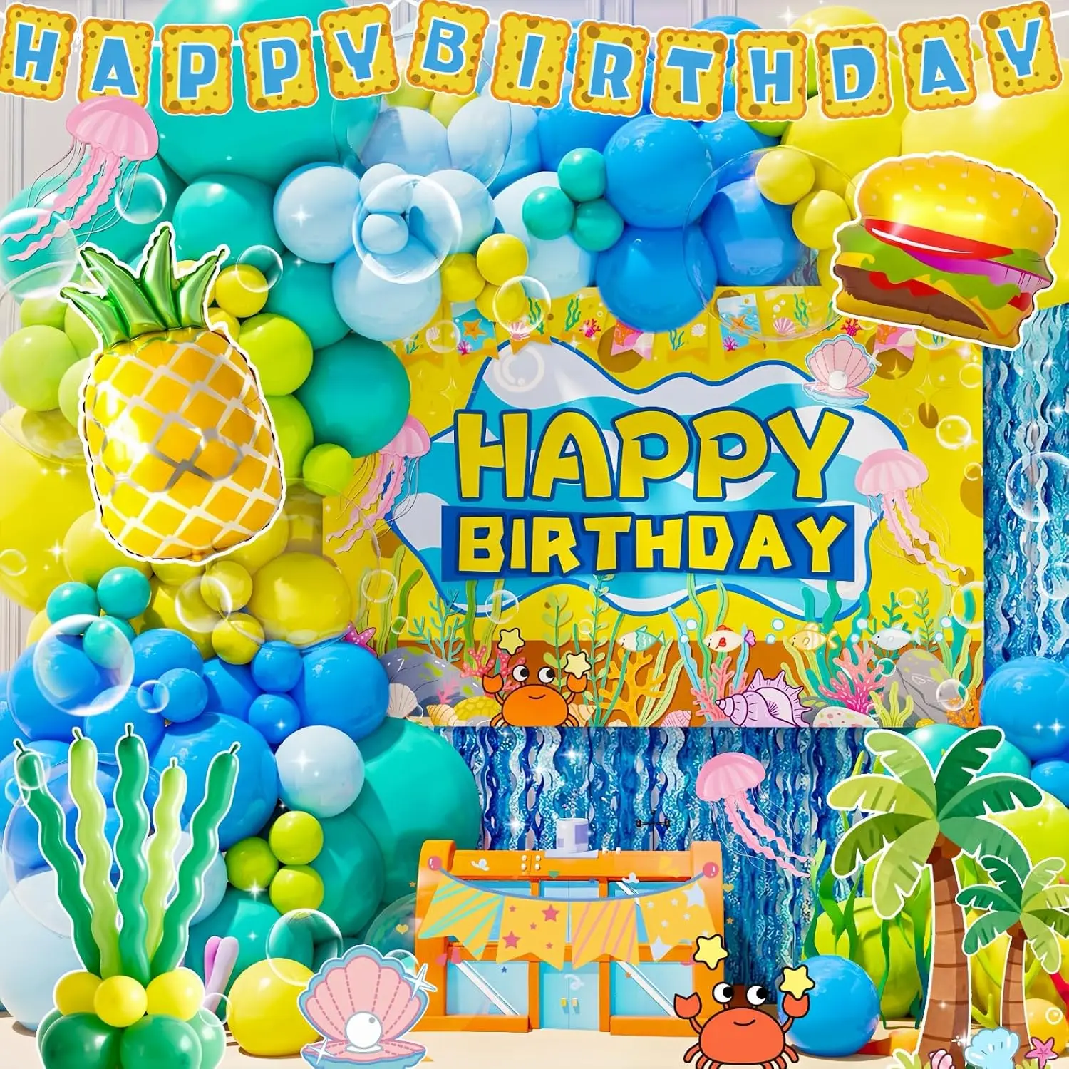 Sponge Birthday Decorations Kit, 153Pcs Under the Sea Party Supplies| Video Setup Guide & Thicker Latex Balloons Garland, Pineapple & Hamburger Foil, Backdrop & Blue Fringe Curtain
