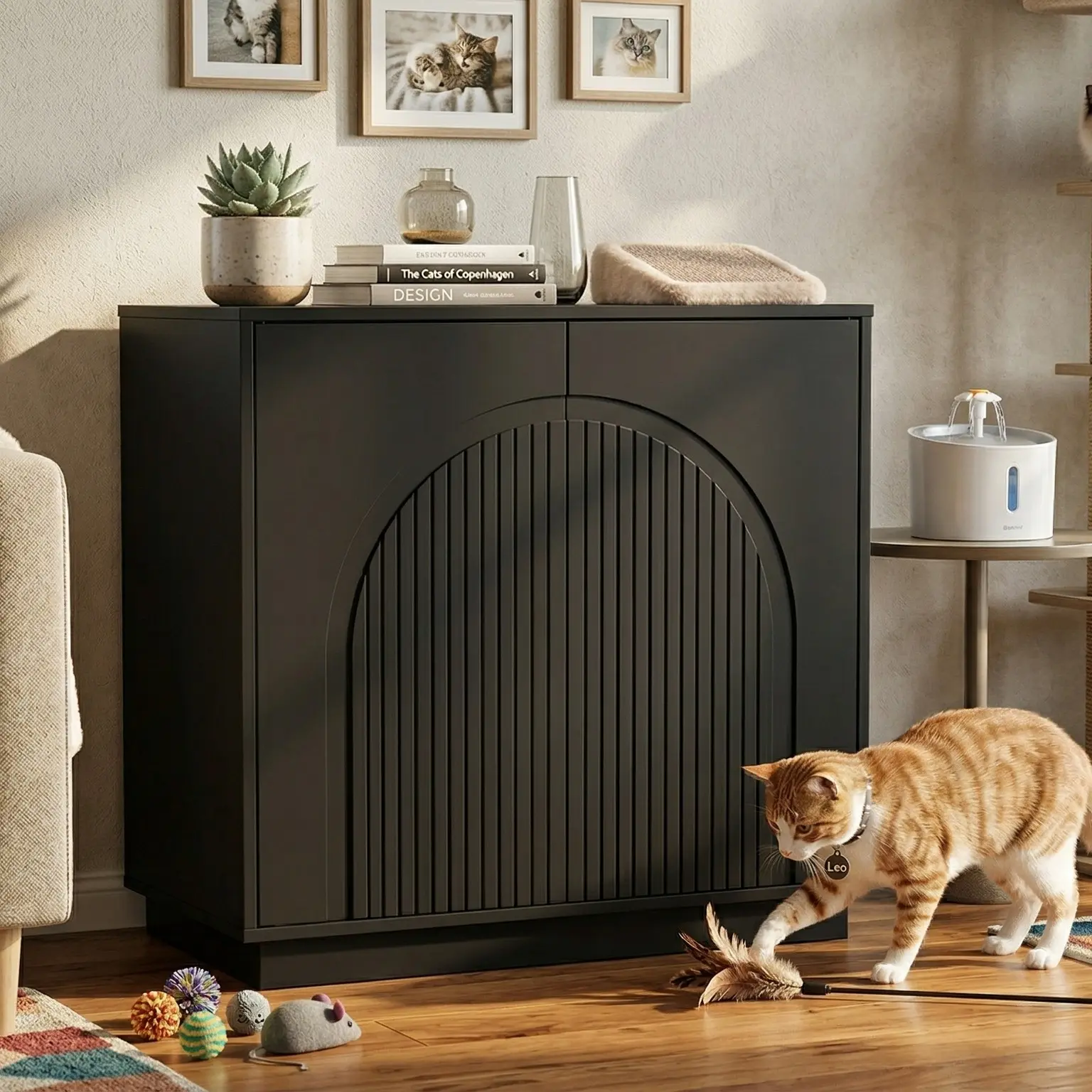 Enclosed Litter Box Hidden Furniture - Durable Pet House Coffee Table with Spacious Top Space, Adjustable Removable Divider, Curved Design for Living Room, Bedroom Covered Litter Box
