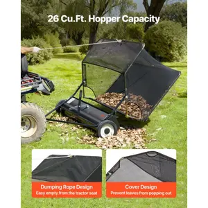 VEVOR Tow Behind Lawn Sweeper, 48 in Pull Behind Yard Sweeper, 26 cu. ft Hopper Bag Capacity, Leaf Grass Collector with Dumping Rope, Adjustable Sweeping Height, Garden Sweepers for Lawn Farm