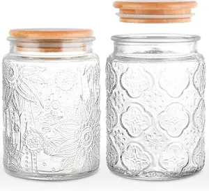 GUEQUITLEX Vintage Glass Jar 4" x 5" with Lid, 24oz Food Storage Containers 2 Pack Clear Mason Jars With Airtight Lid for Kitchen Counter,Food Storage, Dry Food, Snacks, Candies, DIY Projects