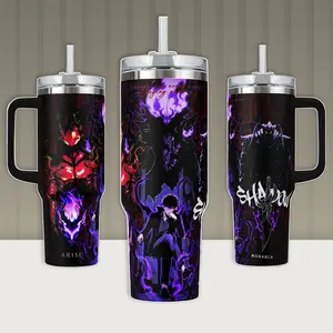 Solo Leveling Sung Jin-Woo Igris Berus Bellion Shadow Monarch Vacuum Insulated Tumbler Handle Straw Purple Shadow Energy Graphic Keeps Drinks HotCold 12H+ 188 Stainless Steel Travel Mug Manhwa Lovers Korean Anime Merch Gift