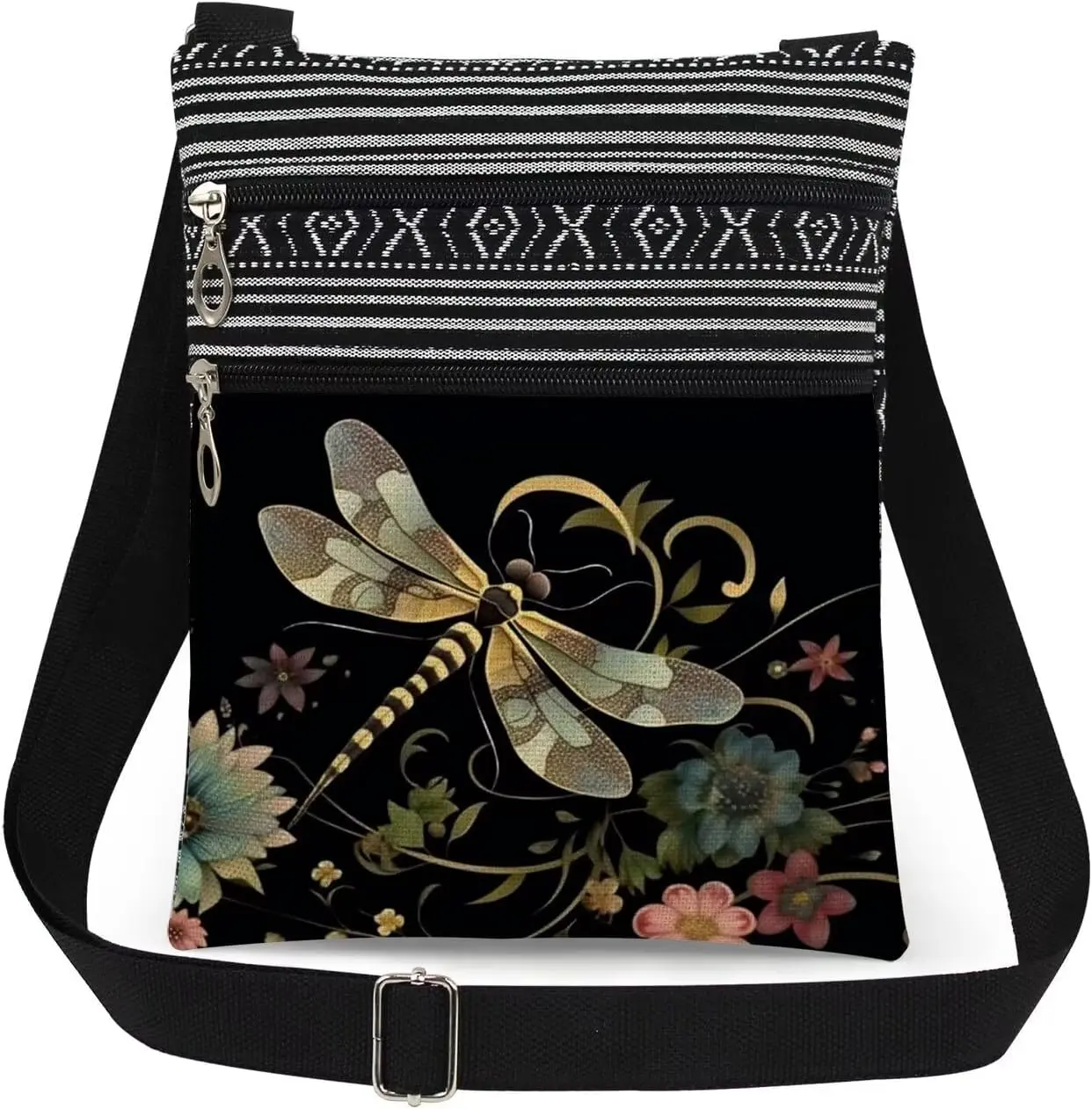 Adjustable Shoulder Strap Crossbody Bag Dragonfly Print with Flowers Messenger Bag for Nature Adults Birthday Gift for Sister Mother's Day Beautiful Present for Mom