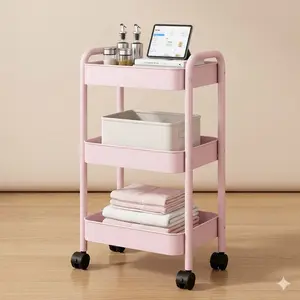 3‑Tier Pink Rolling Storage Cart – Metal Utility Organizer with Lockable Wheels, Mesh Shelves, Heavy-Duty Mobile Storage for Nursery, Kitchen, Bathroom, Office, Makeup Room, Craft Supplies, Baby Diapers, Laundry, Multi-Purpose, Easy Assembly, Tool-Free