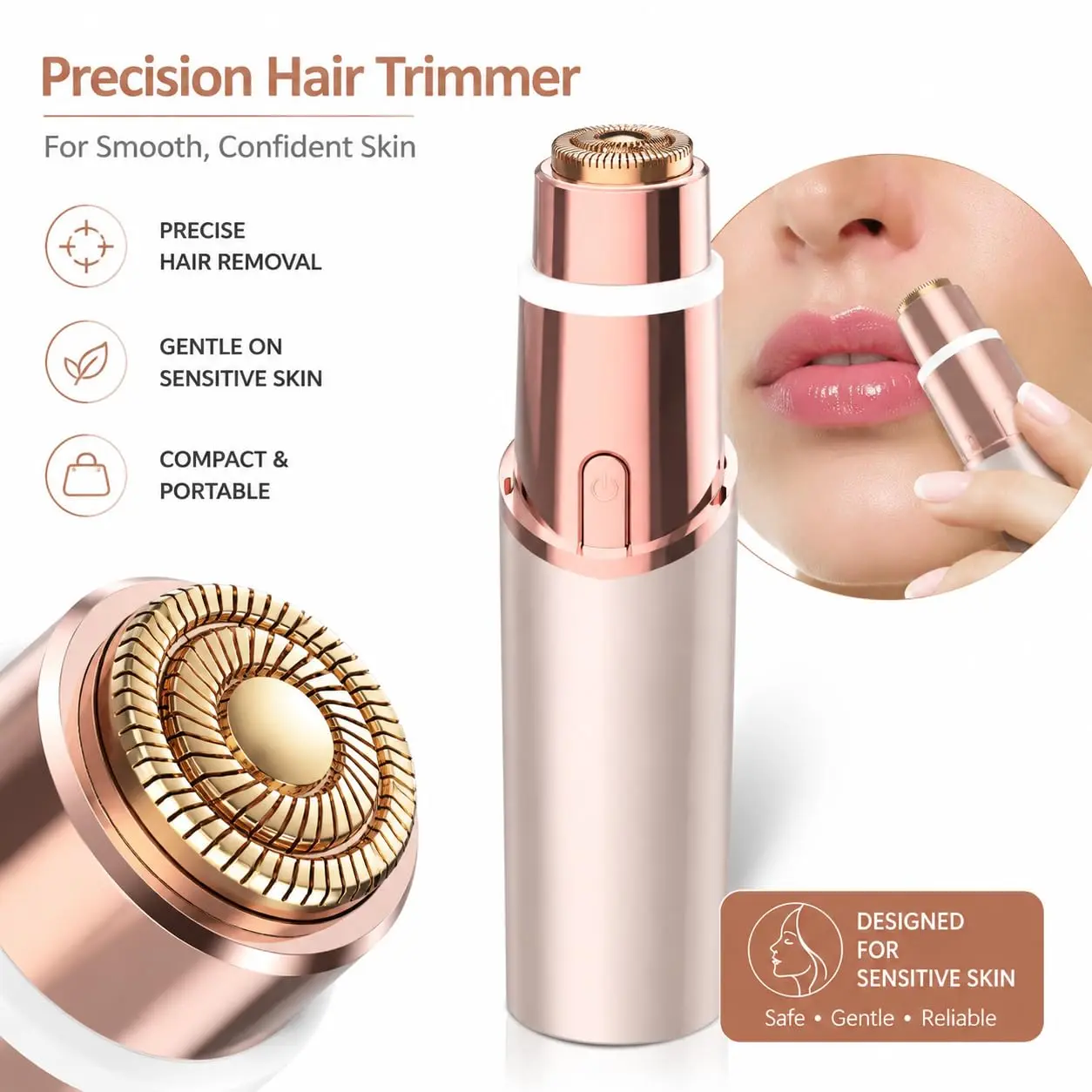 Facial Hair Remover & Eyebrow Trimmer - 2 in 1 Electric Women's Face, Nose & Body Shaver - Painless Epilator - USB Rechargeable with
