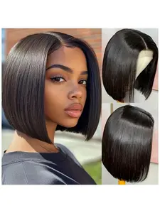 Brazilian Short Bob Wig for Women, Pre-Plucked Hairline with Babyhair 13x4 Lace Front, 180% Density Straight Style, Natural Black Color, Ladies'  8Inch -16inch Straight Bone Bob Human Hair Wigs