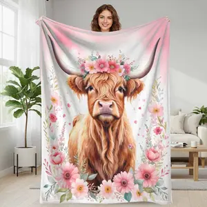 Highland Cow Watercolor Flannel Blanket  Floral Headdress Print  Soft  Cozy  Lightweight  Durable  Perfect for Living Room Sofa  Bedroom Decor  Seasonal Gifts  Housewarming Presents  Travel Companion  Outdoor Picnics