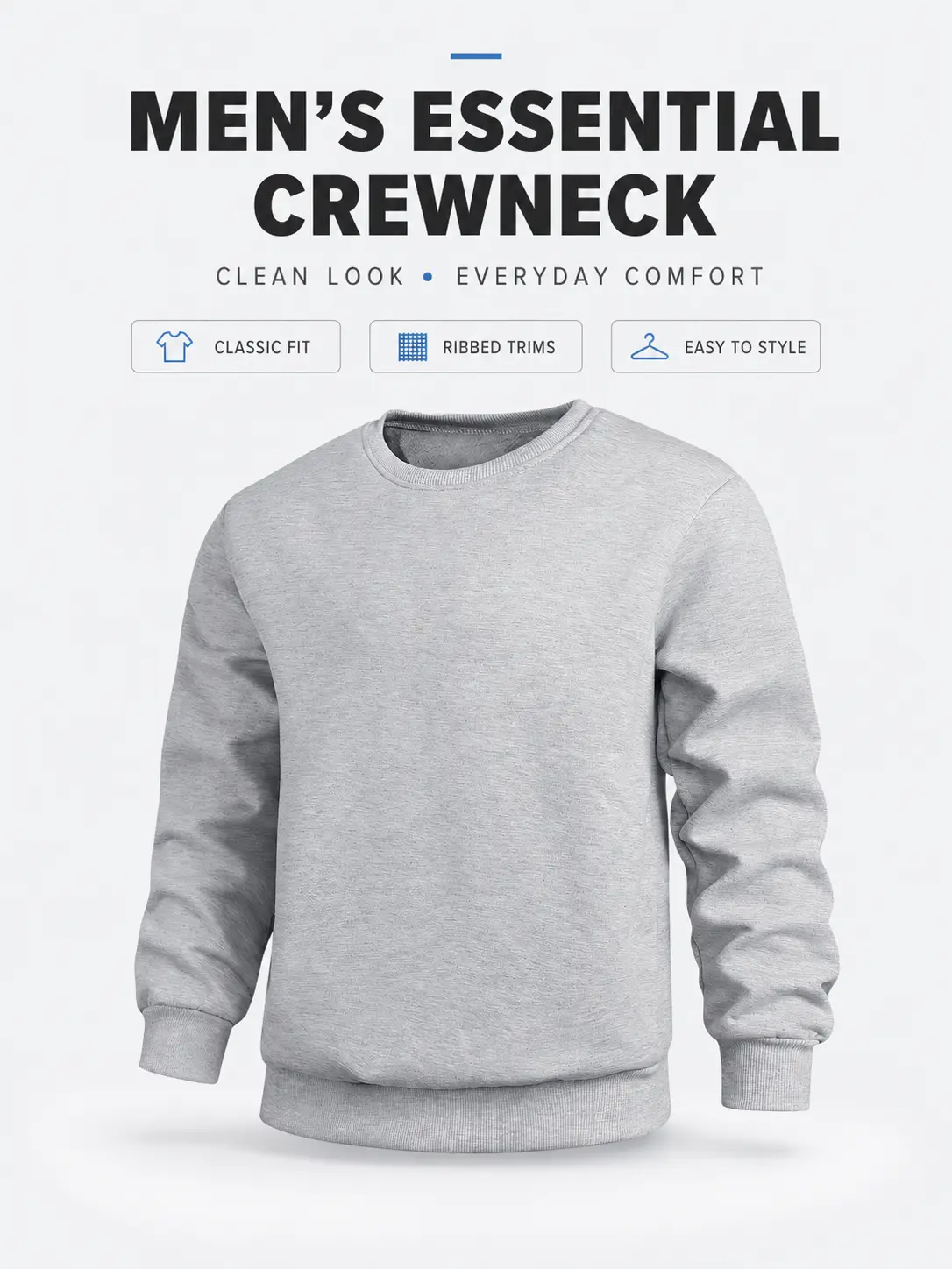 Men’s solid-color crewneck sweatshirt, long sleeves with ribbed cuffs, casual pullover, soft loose basic solid-color sweatshirt suitable for everyday sports wear.