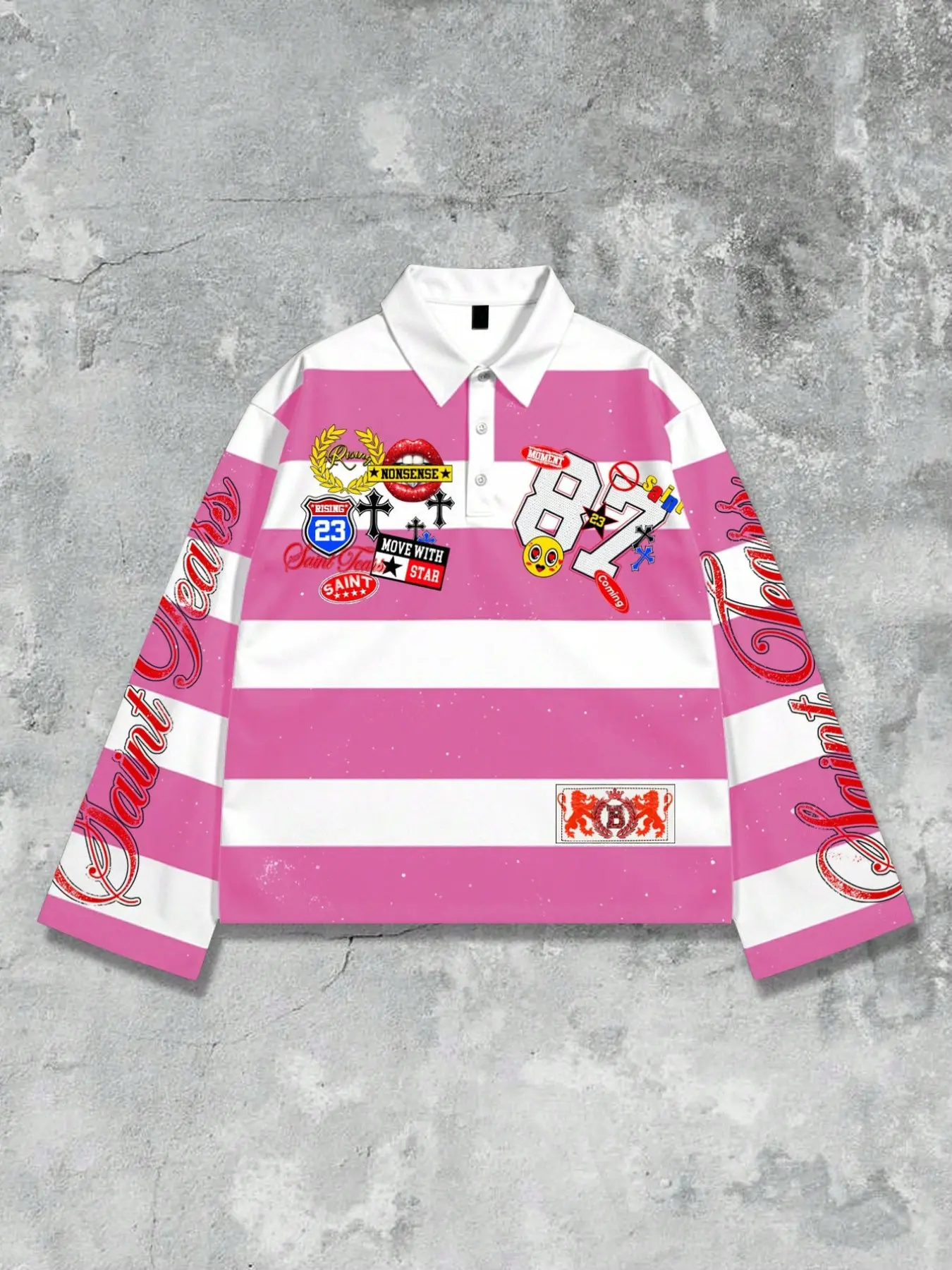 トップス bonny online polo swag archive American Streetwear Striped Graffiti Graphic Polo Shirt, Vintage