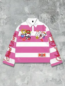 American Streetwear Striped Graffiti Polo Shirt, Vintage College Style Collared Top, Spring Fall Unisex Casual Long Sleeve