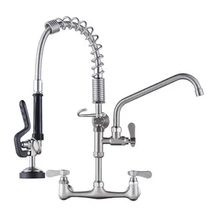 WOWOW Wall Mount Triple Handle Pull Down Sprayer Kitchen Faucet with Pre-Rinse Sprayer with Advanced Spray in Brushed Nickel