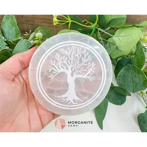 4-Inch Round Selenite Tree of Life Plate – Hand-Carved Crystal Charging Disc for Energy Cleansing