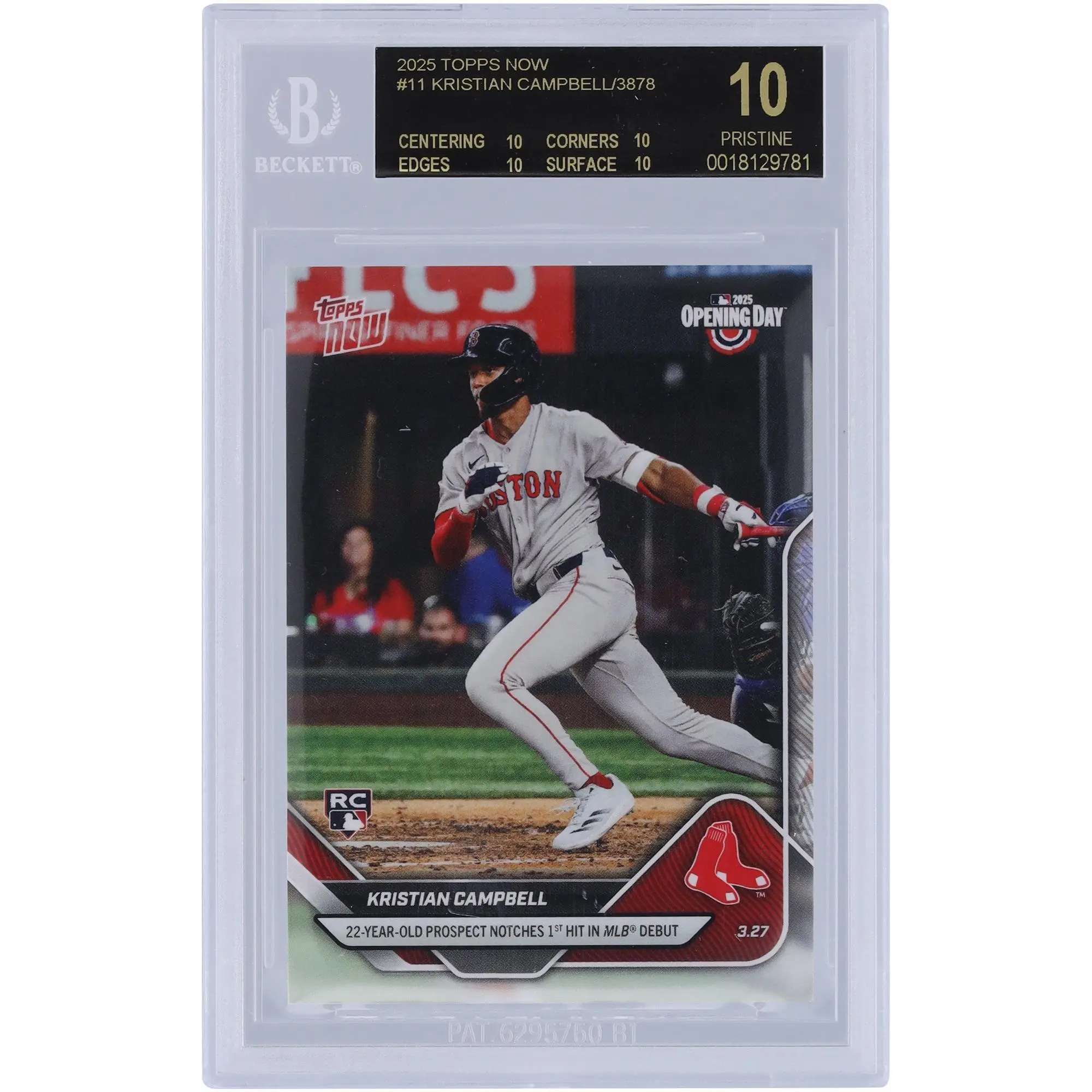 Kristian Campbell Boston Red Sox 2025 Topps Now 22 Year Old Prospect Notches 1st Hit in MLB Debut Black Label #11 BGS Authenticated 10 Rookie Card - 10,10,10,10 Subgrades - Fanatics Authentic Certified