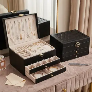 Elegant 3-Layer Artificial Leather Jewelry Storage Box, Lockable with Soft Padded Drawers, Jewelry Boxes, Perfect Gift for Women & Girlfriends