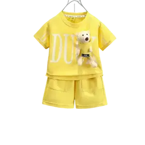 Boys Summer 2pcs Outfit 3D Bear Decor Fluorescent Green Breathable SkinFriendly Fabric Outdoor Play Daily Wear