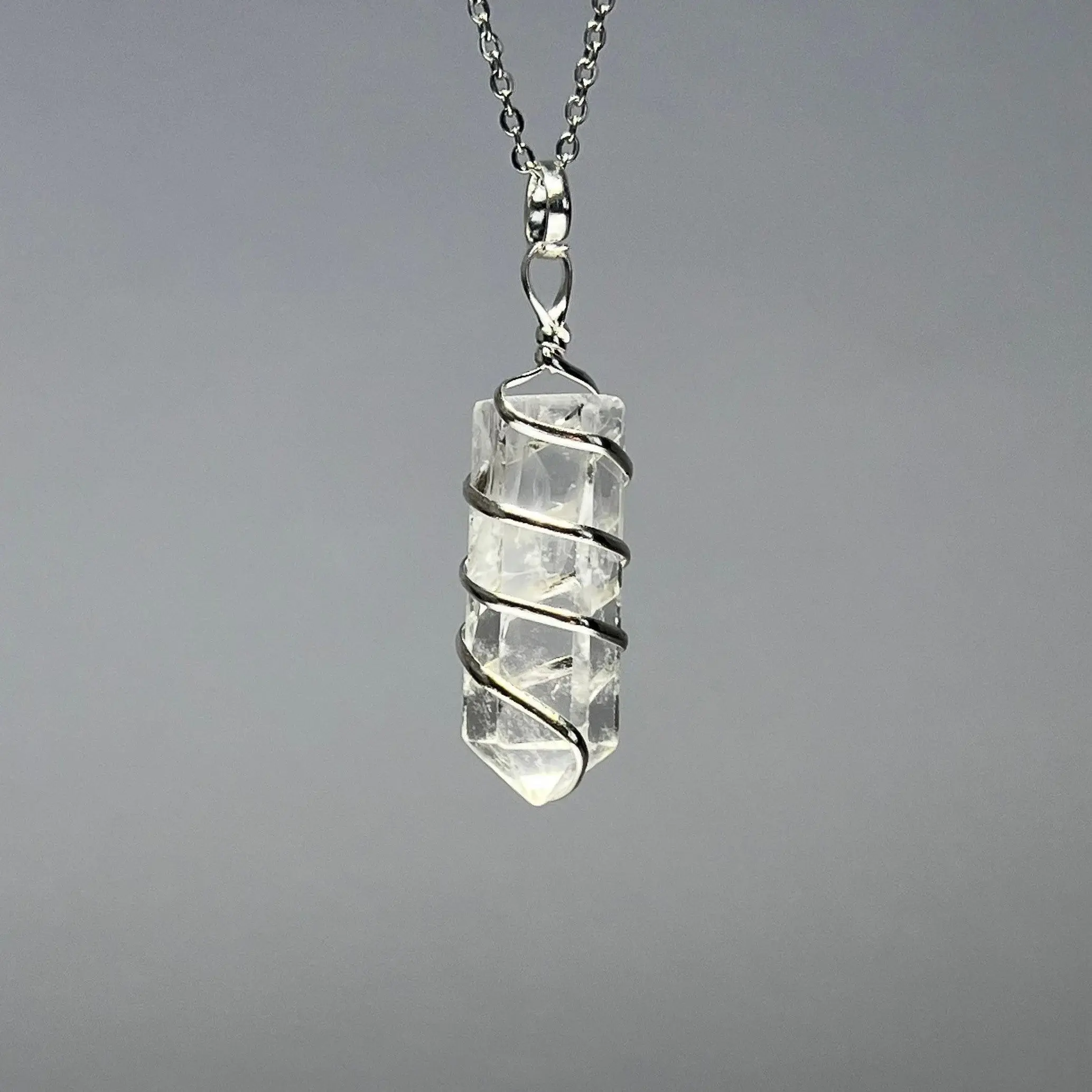 Clear Quartz Crystal Necklace, Wire Wrapped Gemstone Pendant with 18" Chain - CW