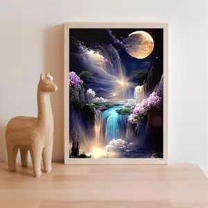 1pc Moonlit Waterfall Canvas Art Print – Frameless 12x16 Inch Wall Decor with Glowing Moon and Mystical Cascades, Enchanting Fantasy Landscape for Bedroom, Bathroom, Office, or Cafe, Perfect Room Accent, Moon Decor, Celestial Decor	