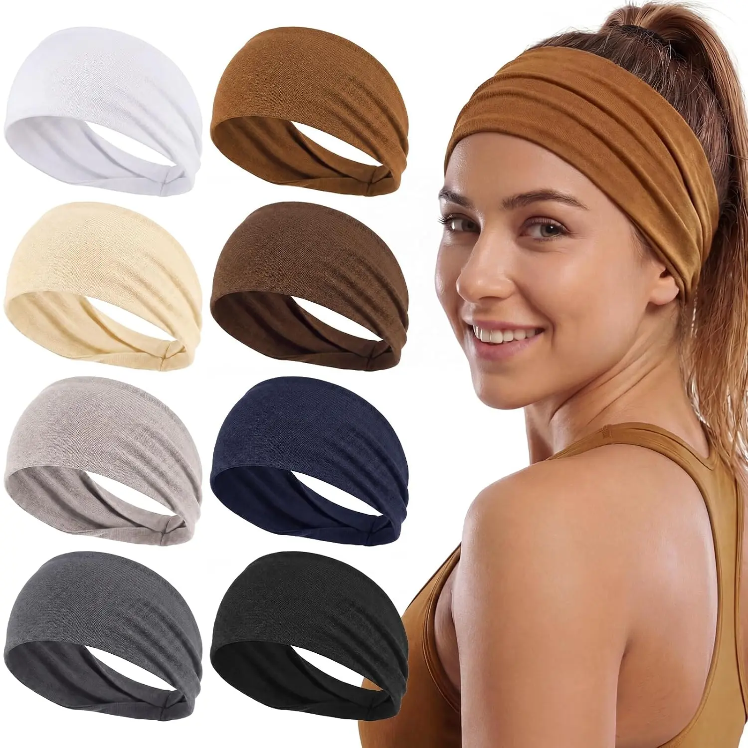 8 Pack Sweatbands Headbands, Non-Slip Cloth Headbands Thin Stretchy Workout Head Bands for Yoga, Running