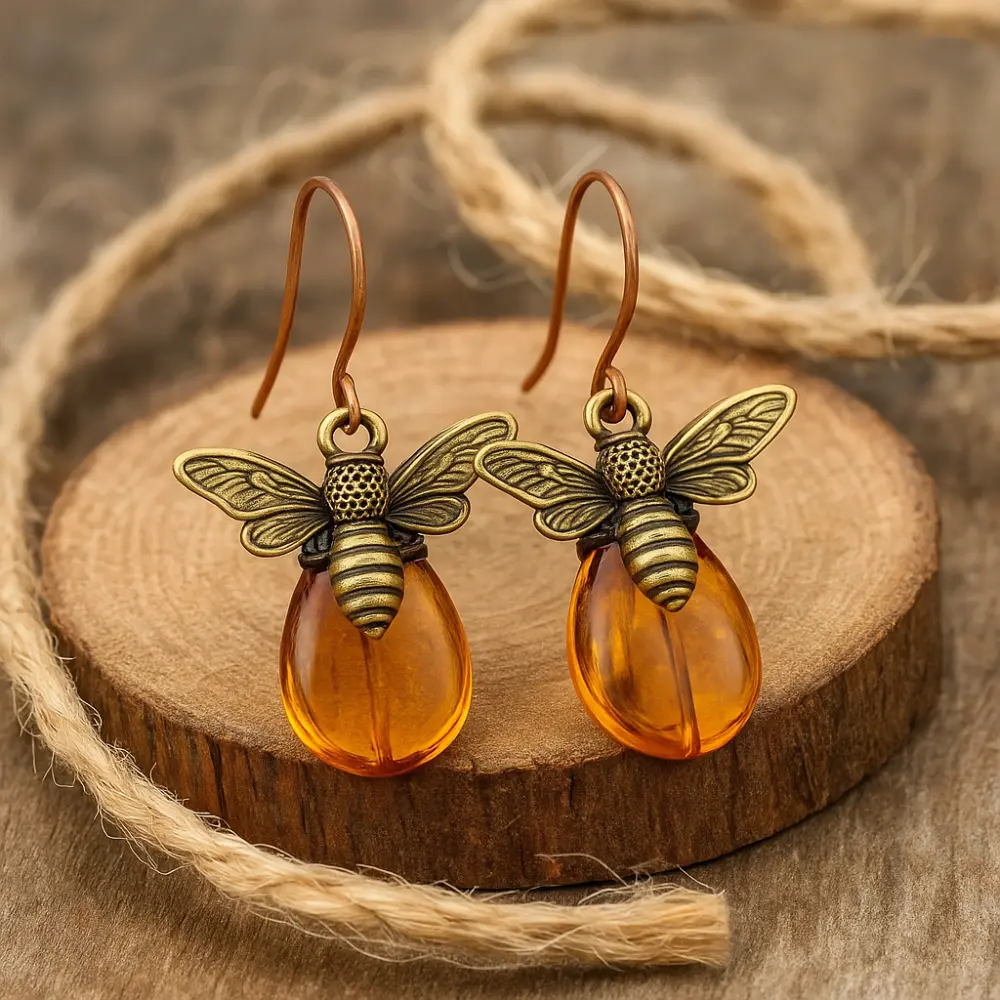 Vintage Amber Bee Earrings Gold Drop Dangle for Women Boho Gift Jewelry Handcrafted Nature-Inspired Boho Vintage Style