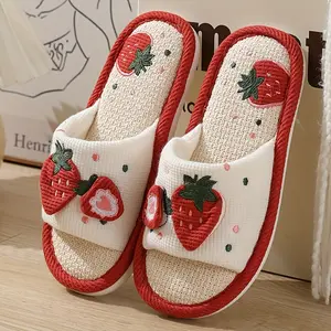 Cute Strawberry Pattern Linen Slippers, Open Toe Breathable Soft Sole Flat Shoes, Comfy Indoor Floor Slippers