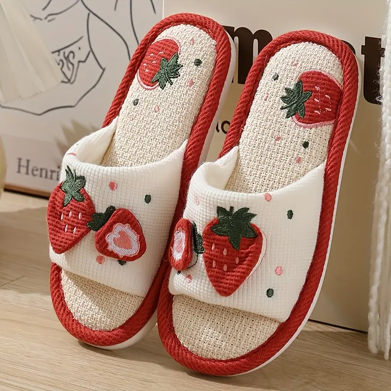 Linen Strawberry Pattern Open-Toe Slippers - US Sizes, Breathable, Soft Sole Flat Shoes, Comfy Indoor Footwear for Sports & Hiking Prep