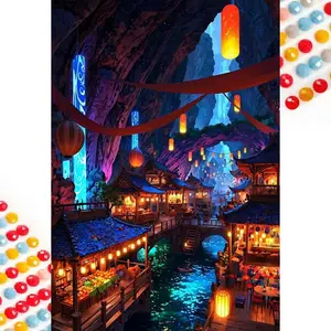 5D DIY Full Drill Round Diamond Painting - Diamond Art Kit Cave Night Market Mosaic, Canvas - DIY Decorative Painting, Home Wall Decor, Suitable for Halloween and Christmas, Birthday and Anniversary Gifts
