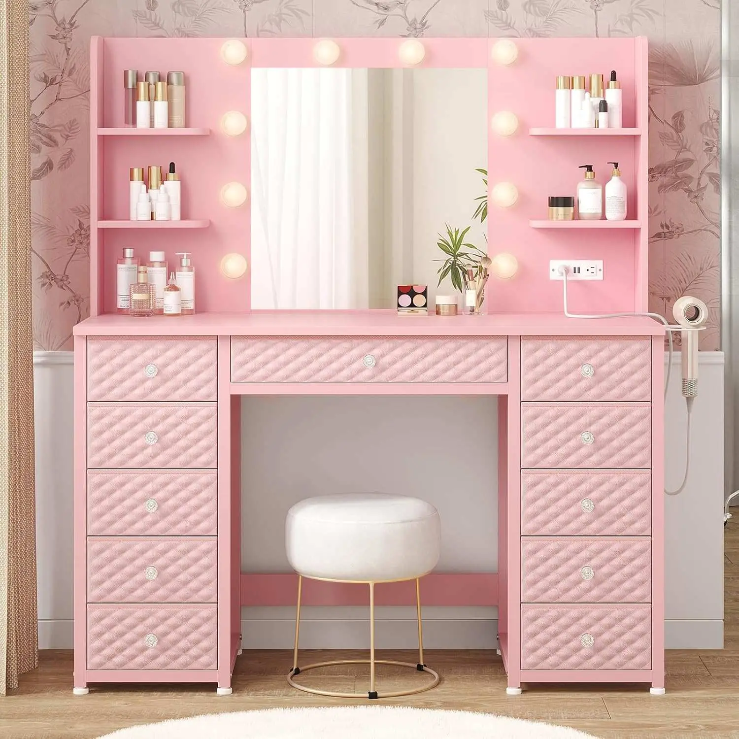 SIKAIC LED Makeup Vanity Desk with 11 Drawers, Pink Vanity Table with Mirror and Storage Compartments for Bedroom Furniture