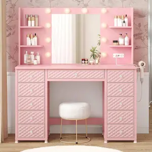 SIKAIC LED Makeup Vanity Desk with 11 Drawers, Pink Vanity Table with Mirror and Storage Compartments for Bedroom Furniture