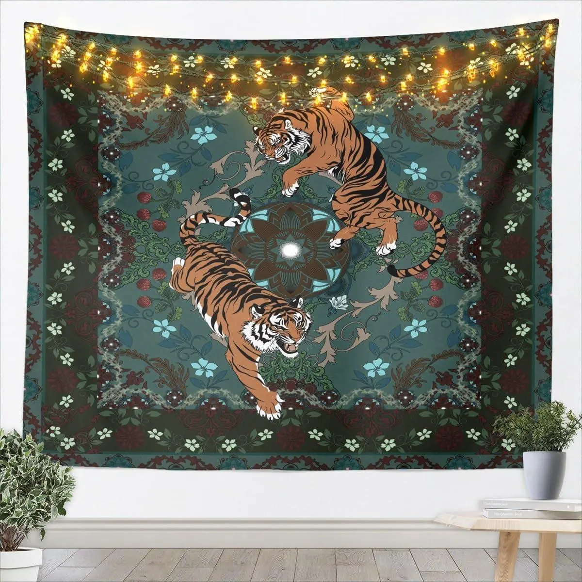 Jungle Wall Art Small Tiger Floral Wall Hanging Blanket Botanical Vintage Flower Green Tapestry Room Decor Soft All Season Wild Animal