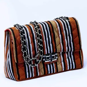 Aso-Oke Striped Quilted Handbag with Chain Strap and Silver Hardware