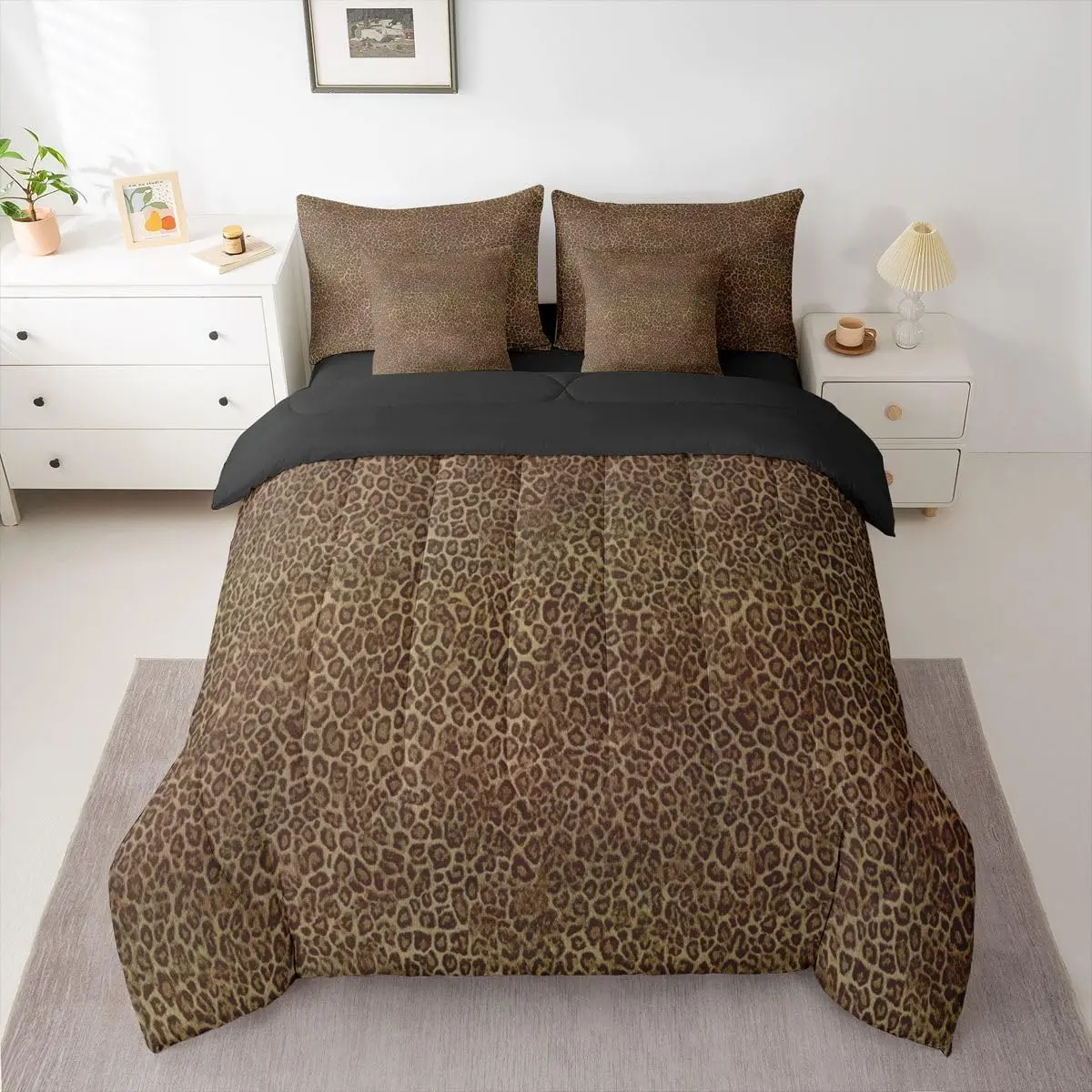Leopard Print Comforter Set with Sheets 7 Piece Cheetah Print Bedding Set Dark Brown Bed in a Bag Modern Art Room Decor Soft Lightweight Microfiber