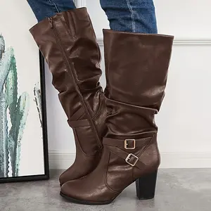 FMEYOA Womens Mid Knee High Boots Chunky Heel Slouchy Metal Buckle Side Zipper Fashion Winter Shoes