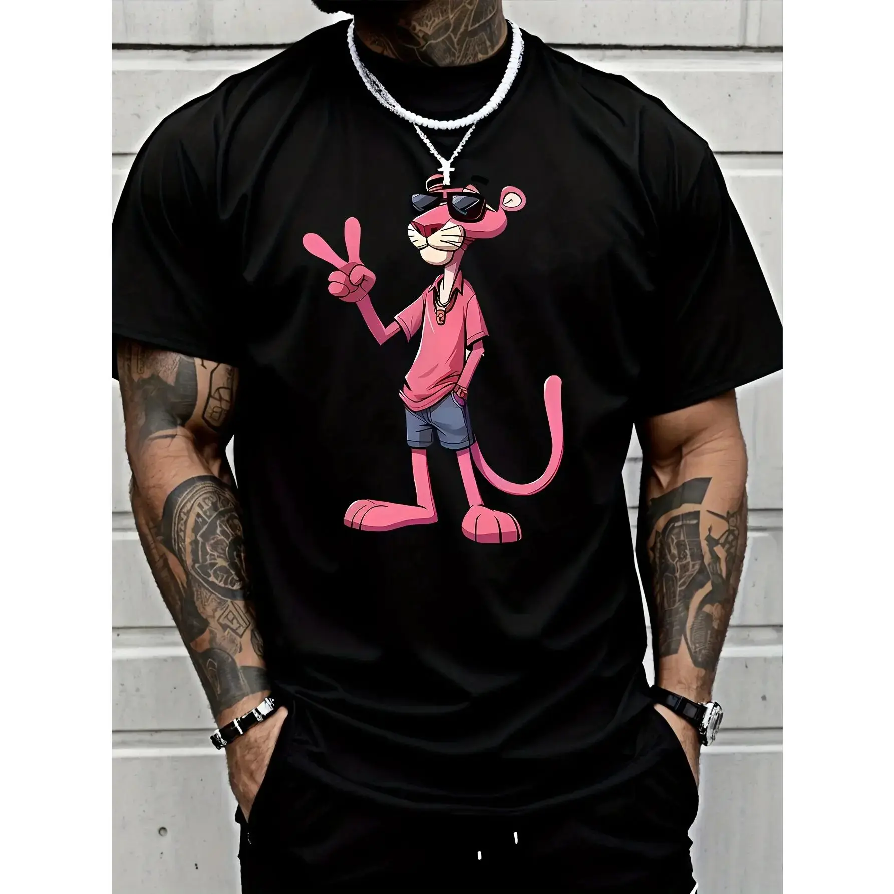 [Playful Pink Panther Tee] Men's Pink Panther Print Casual Short Sleeve T-Shirt  Olive Green Round Neck Summer Tee, Lightweight Breathable Fabric, Machine Washable, Stylish Cartoon Character Design, Relaxed Fit