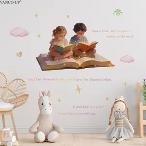A set (30*60cm*2pcs) English wall stickers for nurseries featuring reading boys and girls, decorative stickers for living rooms, hallways, corridors, children's rooms and home beautification