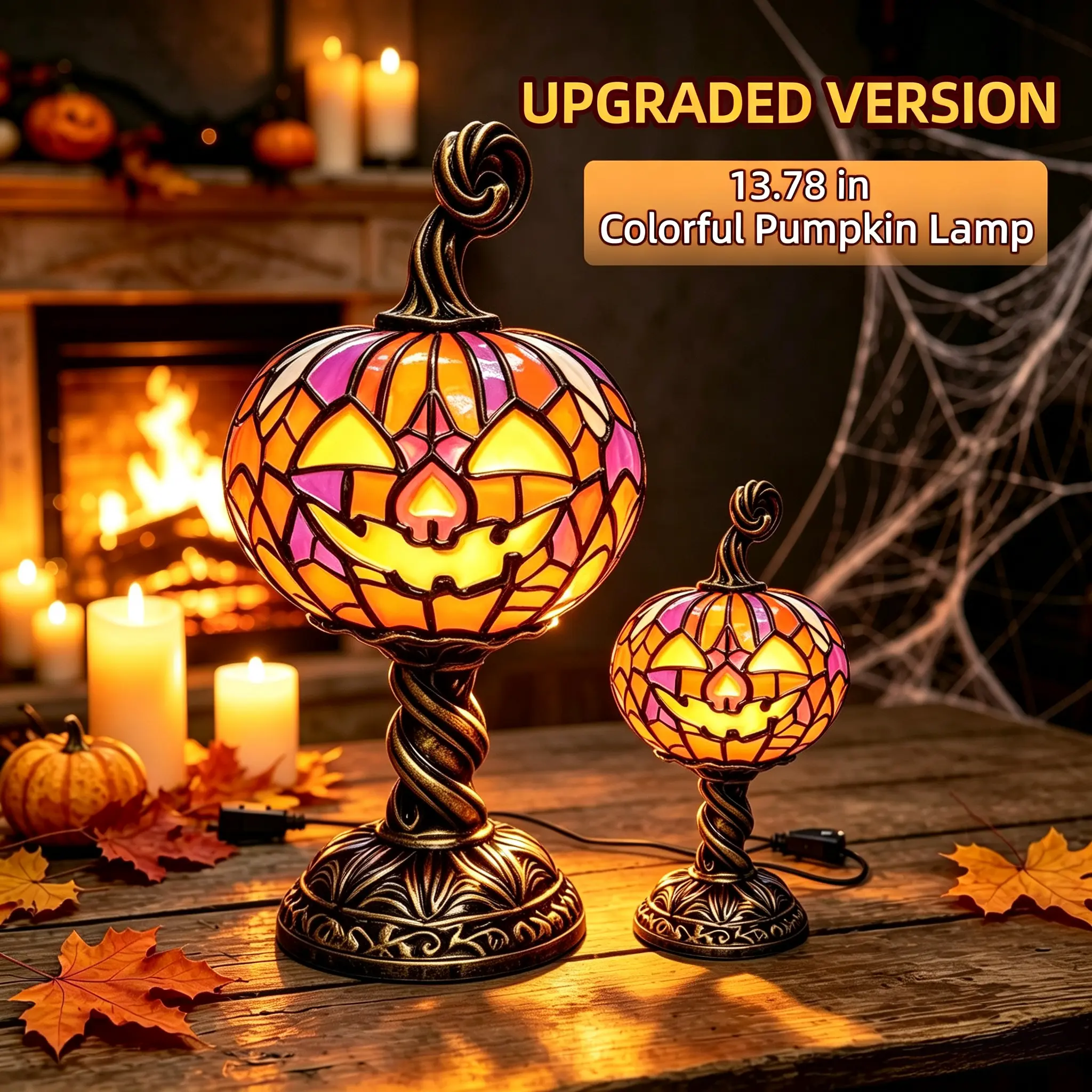 Large 13.78in Halloween Colorful Upgraded Pumpkin Table Lamp, Retro Tiffany Style Pumpkin Night Light, Colorful Retro Decorative Table Lamp, Perfect for Holiday Parties, Home Desktops, Bedroom Decorations, and Holiday Gifts.