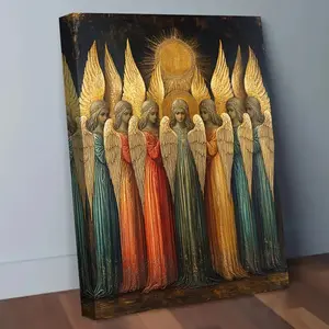 1 Piece Byzantine Orthodox Archangel Gathering Saint Icon - Four Angels and the Glorious Sun Holy Wall Painting, Gold Tone Dark Background, Edged Canvas Frame for Home Office Decoration, Greek Orthodox Gift, 2D Graphic Art, Perfect Room Decoration