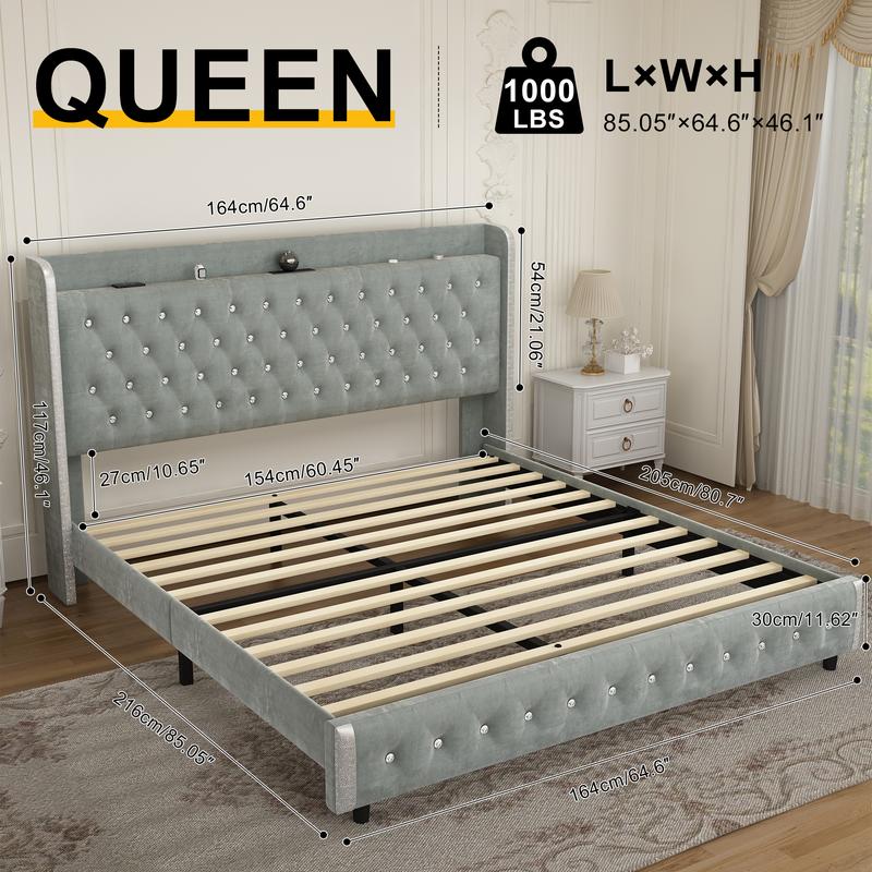 GEGOFORU Queen LED Galaxy Bed Frame with Projector, Bluetooth Speakers & USB Charging, RGB Lighting, White Velvet Upholstered Platform Bed, No Box Spring Needed