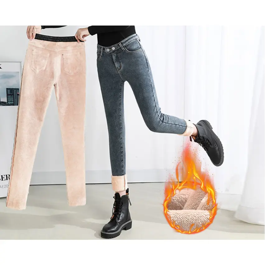 Fleece-Lined Denim Pants,Fleece Lined Jeans Women Skinny High Waisted Winter Thick Warm Stretch Lining Women Pants Thermal Denim Slim Jeggings,Soft Fleece-Lined High-Waist Trousers