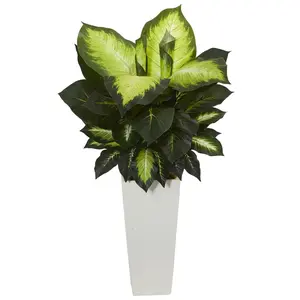 Golden Dieffenbachia Artificial Plant in White Tower Planter