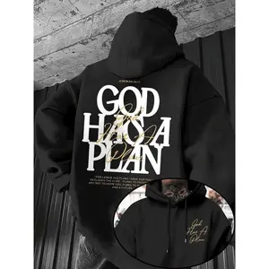 Men's "God Has A Plan" Jeremiah 29:11 Scripture Graphic Hoodie, Black Streetwear Oversized Religious Apparel, Modern Urban Aesthetic Casual Pullover for Daily Wear, Urban Outings, Faith-Based Fashion Enthusiasts & Inspirational Apparel Fans, Featuring Bol
