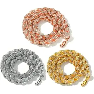 9mm Iced Out Twisted Rope Chain Necklace or Bracelet, Pendant-Compatible, Golden/Silvery/Rose Gold, 7-9'' Bracelets & 16-24'' Chains, Hip Hop Jewelry for Men Women