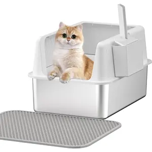Stainless Steel  Litter Box with Lid,XL,19.7"L x 13.8"W x 11.8"H Deep,Metal Litter Box with High Side,for Small and Large Cats,with a Scoop and Scoop Storage Box Litter Mat Double,Easy Cleaning
