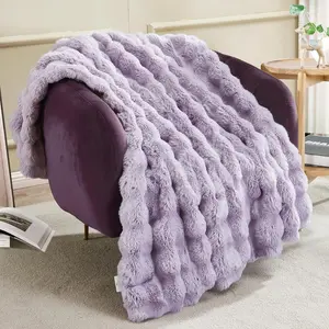 Fuzzy Bubble Faux Rabbit Fur Throw 50" x 60", Double Sided Aesthetic Warm Fluffy for Winter,Puffy Shaggy Plush Furry Blankets for Couch Sofa, Lilac Purple