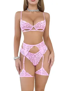 Lingerie Set for Women, 3-Piece Floral Lace Outfit with Push-Up Underwire Bra, Strappy Garter Belt and Thong Panty, Strap, Halter Neck Pink
