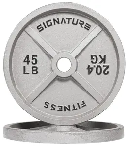 Signature Fitness Deep Dish 2-Inch Olympic Cast Iron Weight Plates with E-Coating in Black or Silver Gray