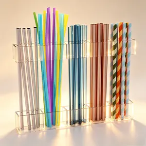 Malldii Large Size Acrylic Straw Holder, Wall Mount Cabinet Door Straw Organizer, Reusable Tumbler Straw Storage Container, Strong Adhesive Kitchen Small Accessories Organizer, Transparent（9.5" Large）