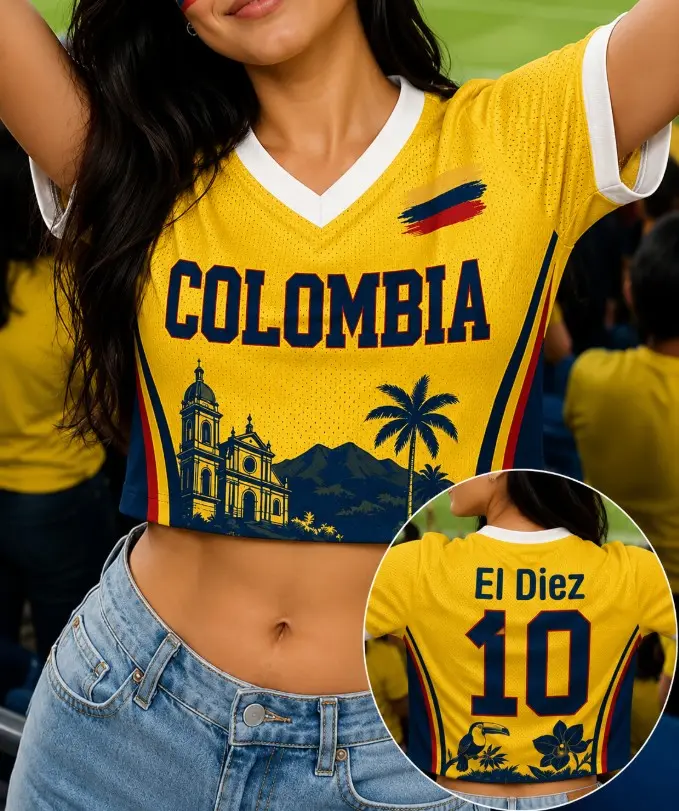 Colombia No. 10 Crop Jersey, Women's Soccer Fan Shirt, Football V-Neck Crop Top, Colombia Game Day Outfit
