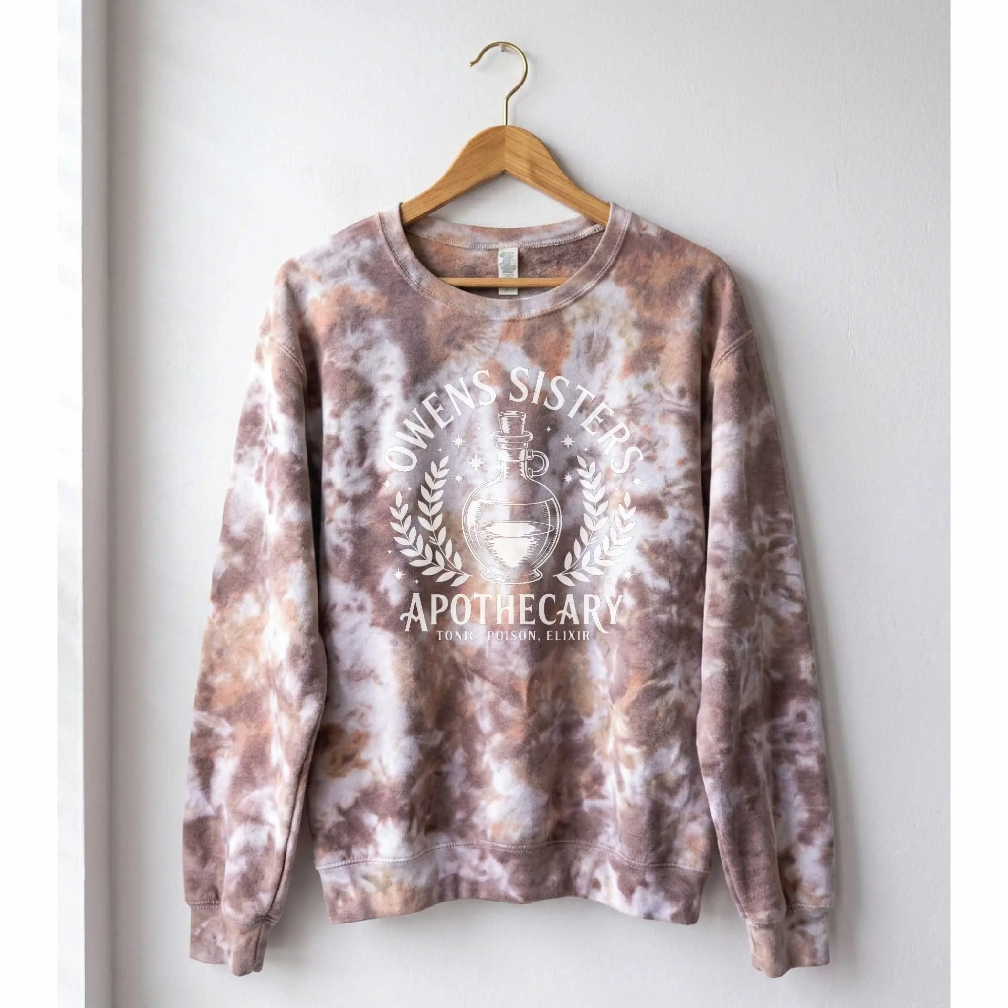 Owens Sisters Apothecary Brown Tie Dye Crewneck Sweatshirt | Spooky Witch Fall Halloween Tie Dye Sweatshirt