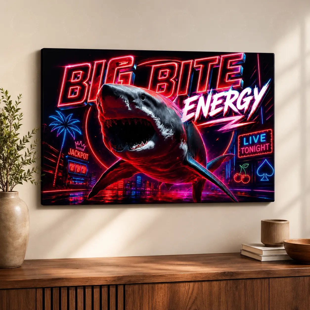 Big Bite Energy Canvas Wall Art, Neon Shark Poster, Retro Casino Style Ocean Artwork, Bold Motivational Wall Decor for Bedroom Office Game Room, Poster or Wrapped Canvas,wall decor,poster.
