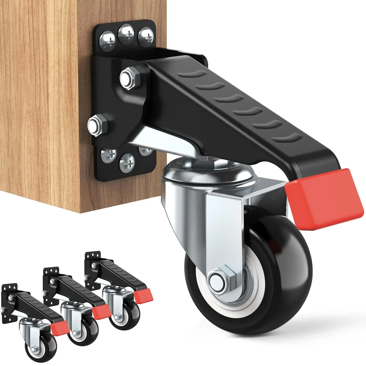 SPACEKEEPER 6-Pack Retractable Heavy Duty Workbench Casters Kit with Ribbed & Textured Pedals, 3-Hole Design, Better Wheels, 660 Lbs Load Capacity, 360-Degree Movement for Workbenches, Tables, Steel Cabinets