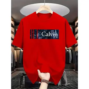 New Men'S Short Sleeved T-Shirt With "CALVIN" Print, Bright Red Round Neck Casual T-Shirt, Washable, Comfortable All Year Round